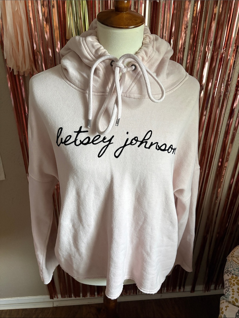 Betsey Johnson Pink Hoodie with Velvet Black Script Logo Vintage